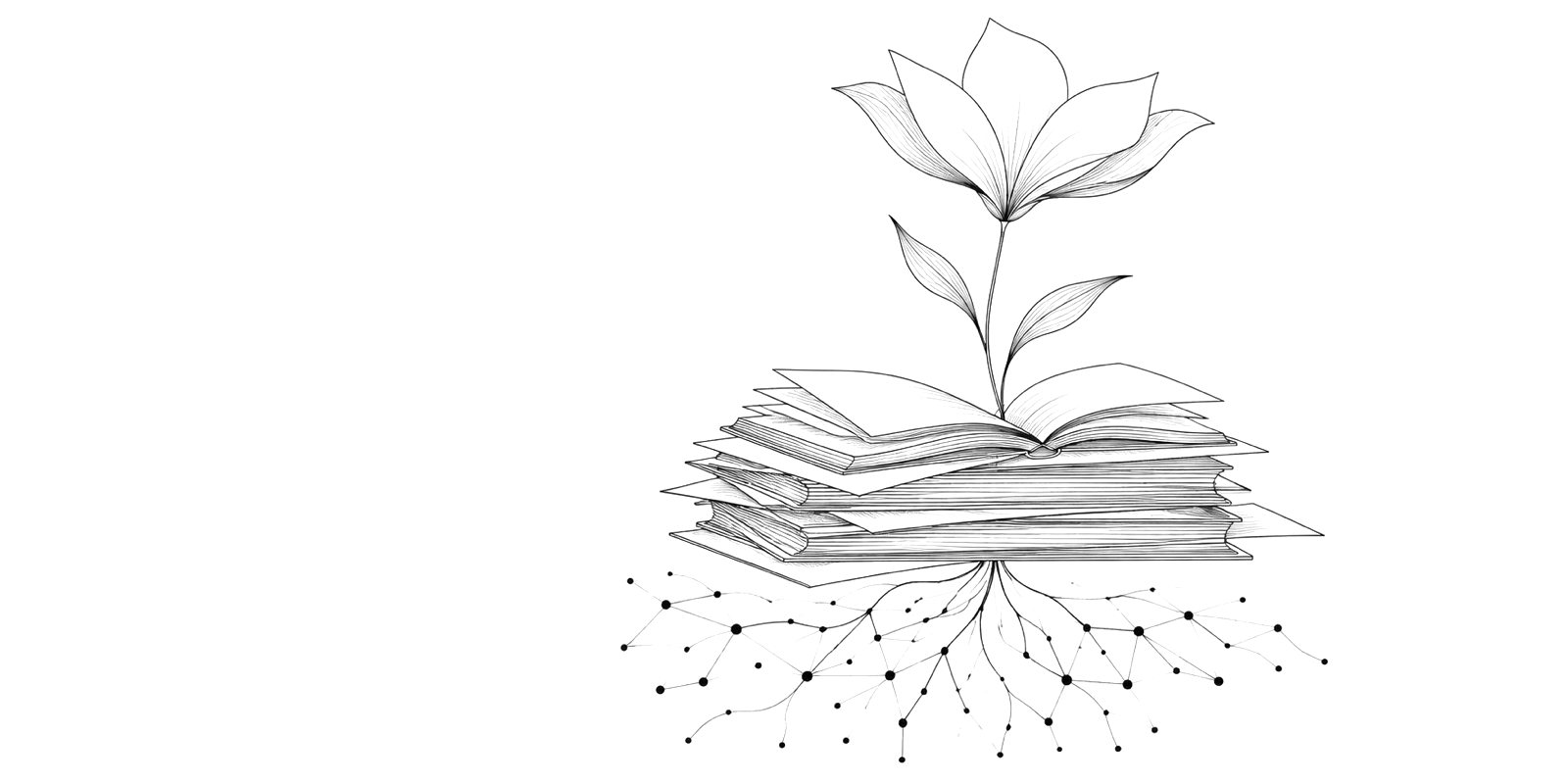 Ink drawing of a flower with page-shaped petals growing from a stack of lecture
        documents, its roots spreading into a network of connected dots