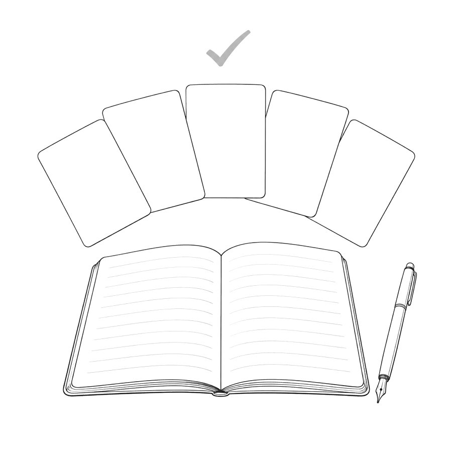 Ink drawing of a fan of study cards above an open notebook